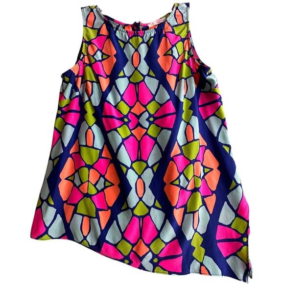Alice & Trixie Anthro Dopamine Neon Geometric Asymmetrical Hem Silk‎ Top Sz S - Picture 1 of 14